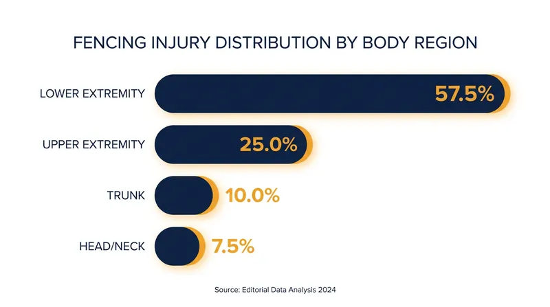 According to a 2026 sports medicine study, the lower extremity bears the brunt of fencing injuries, accounting for 57.5% of all cases.