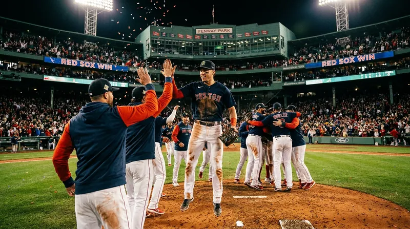 Chapman and the Red Sox celebrate their 5-2 victory over the Angels.