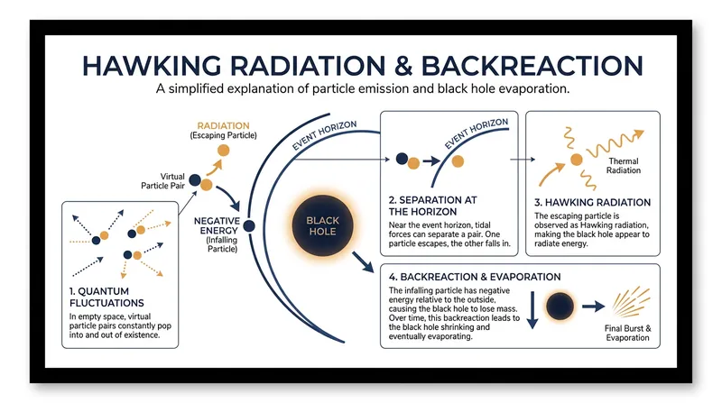 Hawking radiation occurs when quantum fluctuations near an event horizon cause particles to escape, draining the black hole's mass.