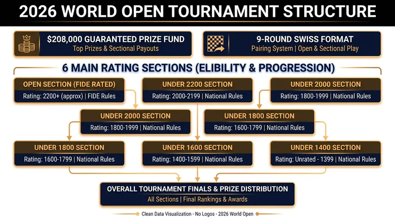 The World Open features a massive $208,000 prize fund distributed across six main rating sections.