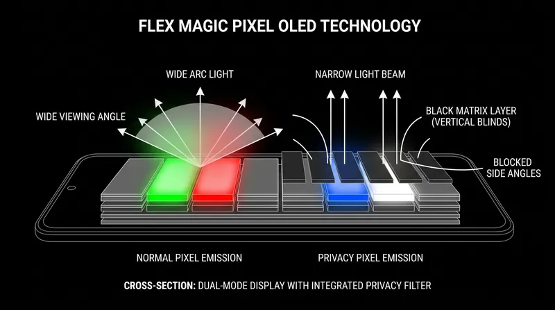 The privacy mode relies on a physical 'black matrix' layer that acts like microscopic vertical blinds to restrict viewing angles.