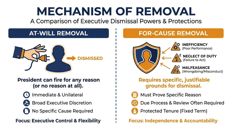 The legal difference between at-will and for-cause removal protections.