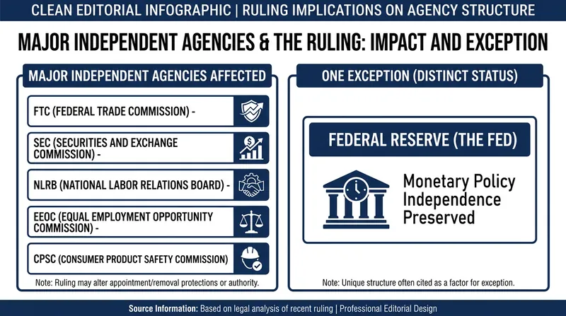 The blast radius: Agencies stripped of removal protections versus the Federal Reserve.