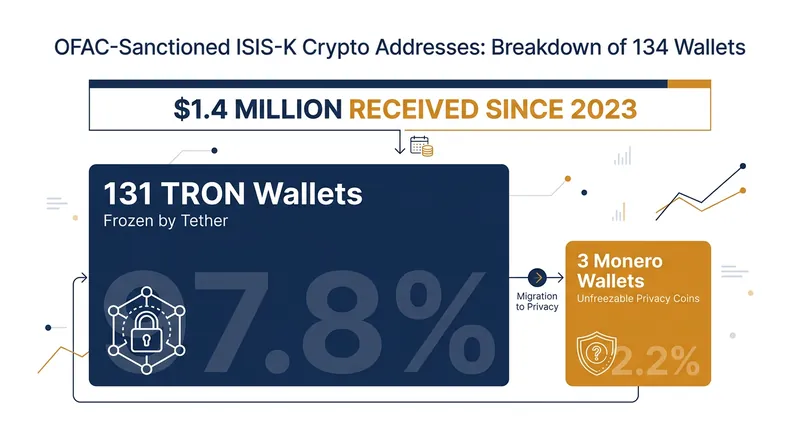 The vast majority of the sanctioned addresses were on the TRON network, allowing Tether to execute a direct freeze.