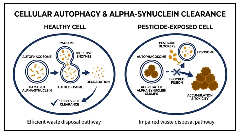 Chlorpyrifos disrupts autophagy, the brain's cellular waste-disposal system, leading to the toxic accumulation of proteins.