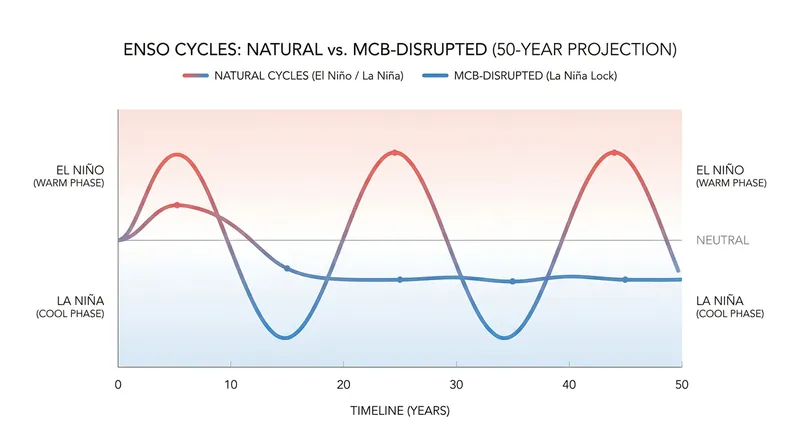 Models suggest MCB deployment could permanently lock the Pacific into an artificial La Niña state.