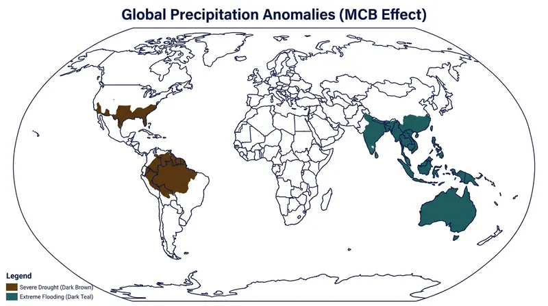 Projected global rainfall shifts if Pacific trade winds are artificially altered.