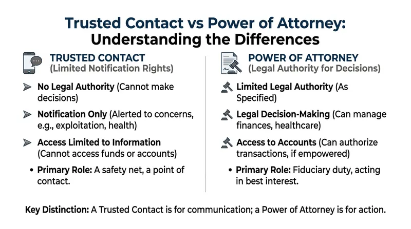 A trusted contact acts as an emergency notification system, not a legal proxy.