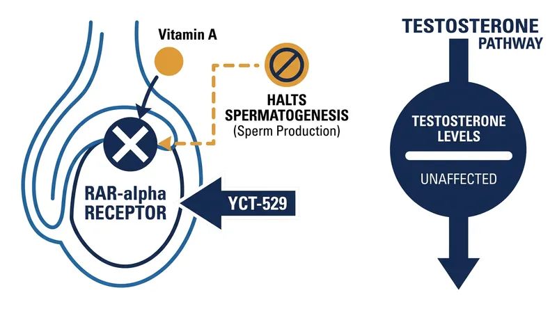 By blocking the RAR-α receptor, YCT-529 cuts off the vitamin A signals required for sperm production.