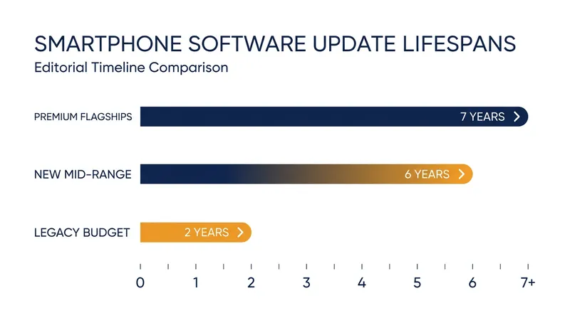 How Samsung's new mid-range policy compares to historical smartphone lifespans.