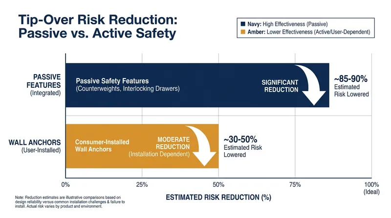Passive safety features eliminate the reliance on consumer installation, drastically reducing tip-over risks.
