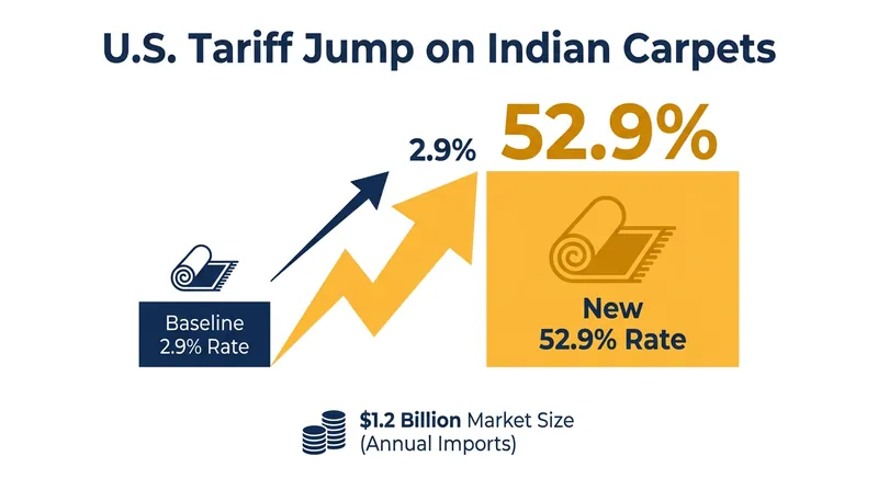 The U.S. tariff on Indian carpets jumped from a baseline of 2.9 percent to 52.9 percent in 2025.