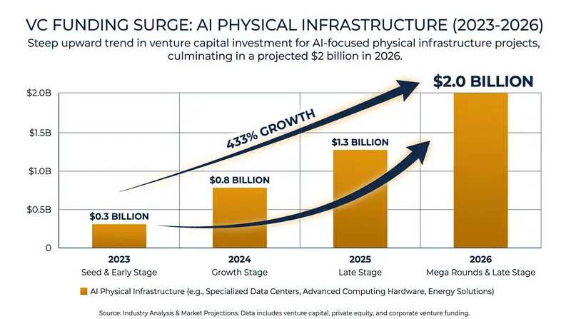 Venture capital investment has rapidly shifted from AI software to physical hardware infrastructure.