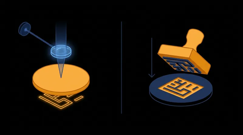 Unlike conventional lithography that projects light through lenses, nanoimprint lithography physically stamps patterns into the wafer.