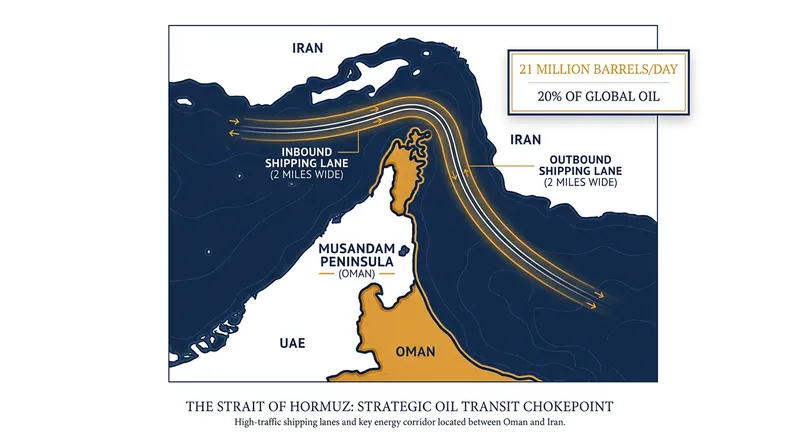 The Strait of Hormuz is a critical chokepoint where navigable shipping lanes narrow to just two miles in each direction.
