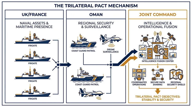 The agreement integrates European heavy naval assets with Oman's localized surveillance and coast guard capabilities.