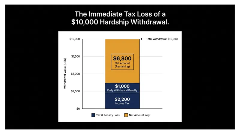 Taxes and penalties significantly reduce the net cash received from a hardship withdrawal.