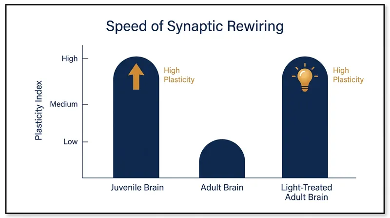 Adult subjects exposed to the targeted light therapy demonstrated learning and rewiring speeds matching juvenile baselines.