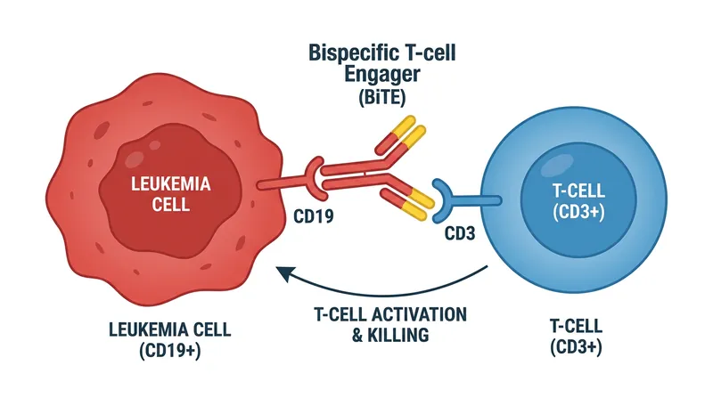 Bispecific antibodies act as a bridge, physically linking the patient's immune cells to the cancer cells.