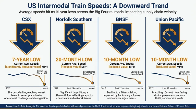 The influx of freight has pushed average train speeds to multi-year lows across major networks.