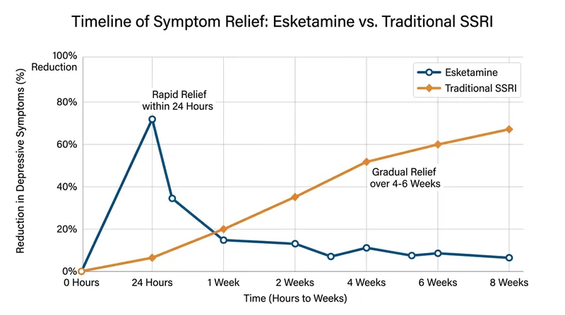 Esketamine bypasses the 4-to-6-week waiting period typical of traditional oral antidepressants, offering relief in hours.