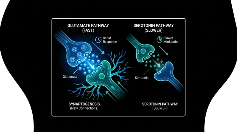 Unlike traditional SSRIs that target serotonin, esketamine triggers a massive surge of glutamate to rapidly rebuild neural connections.