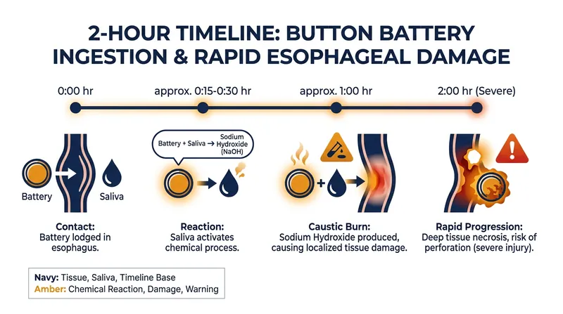 A swallowed lithium coin battery can cause catastrophic internal burns in as little as two hours.
