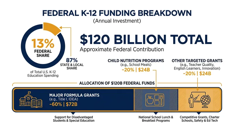 Federal funding makes up roughly 13% of total K-12 public education spending in the United States.