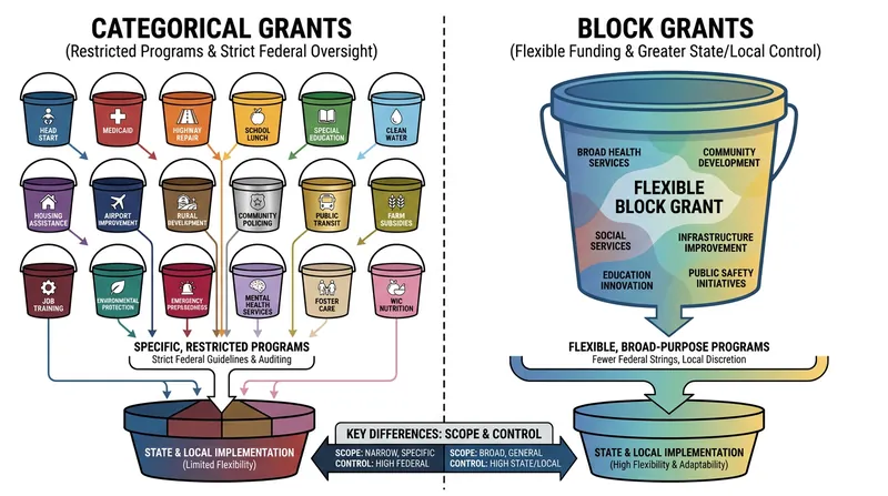Consolidating 18 categorical programs into a single block grant removes federal mandates but reduces overall funding.