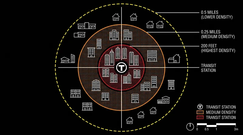 The allowable height and density of new developments decrease as the distance from the transit stop increases.