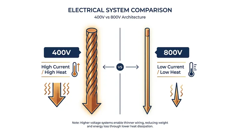 By doubling the voltage, engineers can halve the current, significantly reducing heat generation and wiring weight.