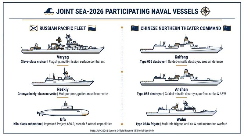 Key vessels deployed by the Russian Pacific Fleet and China's Northern Theater Command.
