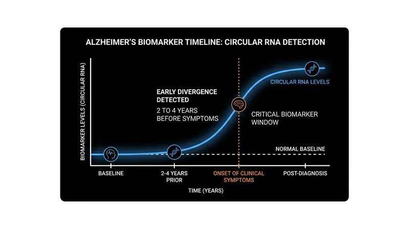 CircRNA levels begin to diverge from normal baselines roughly two to four years before patients show signs of cognitive decline.