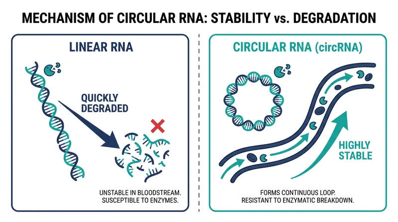 Unlike linear RNA, circular RNA's closed-loop structure prevents rapid degradation, making it an ideal blood biomarker.