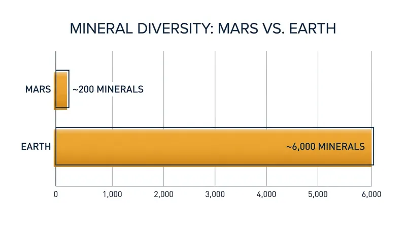Earth's active tectonics and biology have created nearly 6,000 minerals, while only about 200 have been identified on Mars.