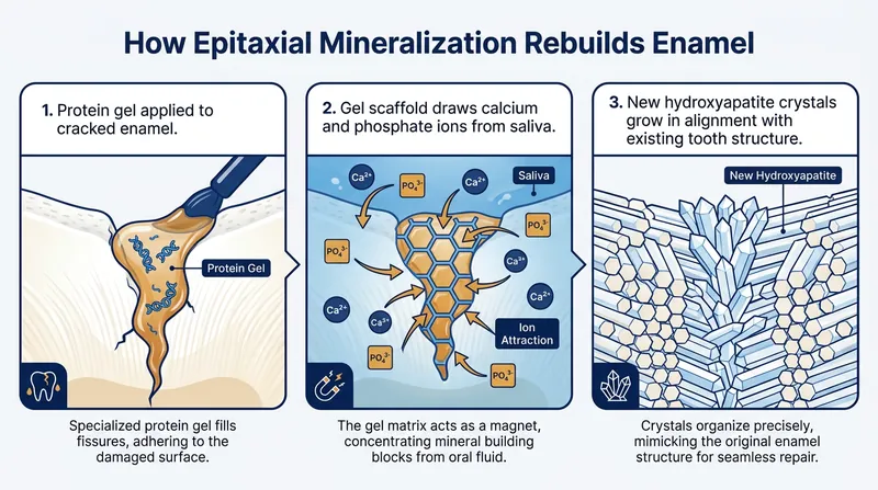 The gel acts as a biomimetic scaffold, pulling minerals from saliva to grow new enamel crystals.