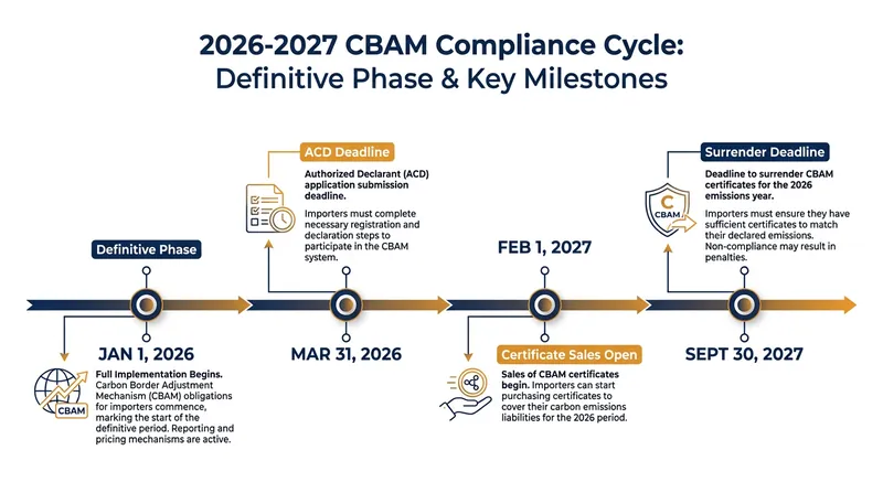 The compliance cycle for 2026 imports culminates in the final certificate surrender deadline on September 30, 2027.