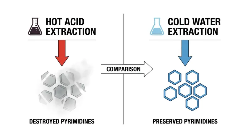 Previous extraction methods inadvertently destroyed the fragile pyrimidines before they could be detected.