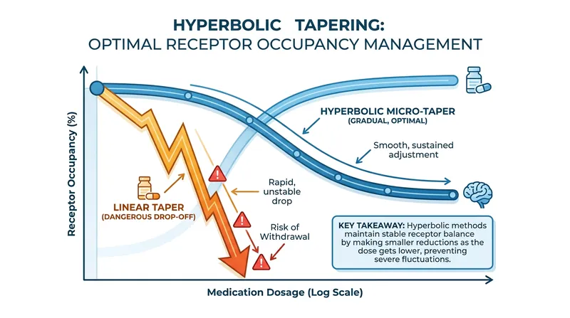 Hyperbolic tapering reduces the dose in increasingly smaller increments to prevent severe neurochemical shock.