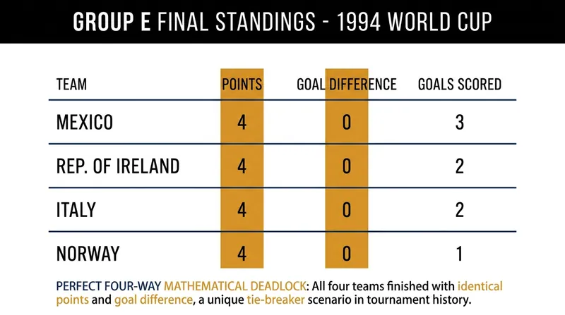 The 1994 Group E remains the only time in World Cup history a group ended in a perfect four-way tie on points and goal difference.