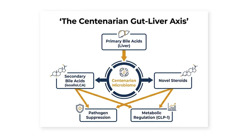 How specific gut bacteria in centenarians convert standard digestive acids into powerful, health-promoting signaling molecules.