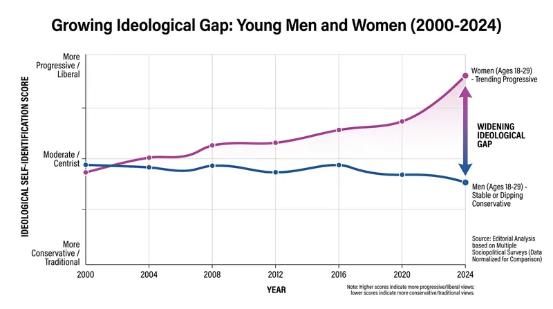 The ideological gap between young men and women has widened significantly over the past two decades.
