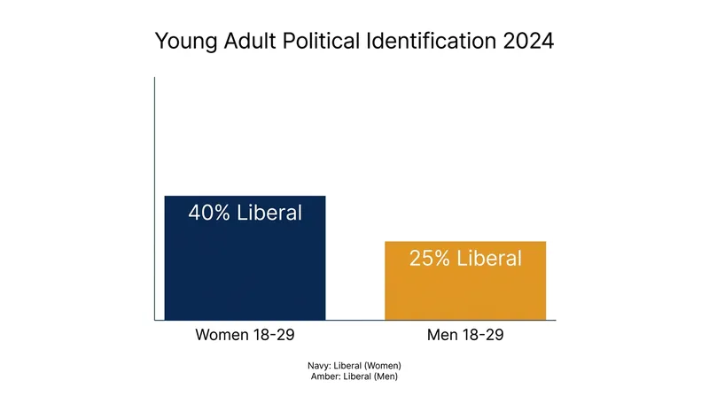Gallup data reveals a 15-point gap in liberal identification between young US men and women.