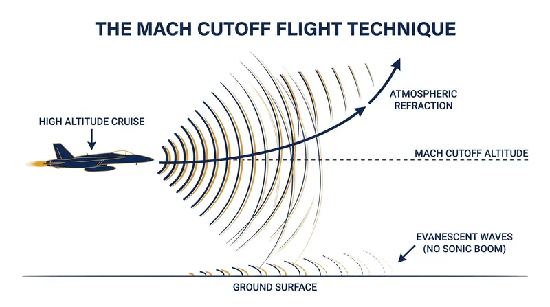 How the Mach cutoff technique uses atmospheric refraction to prevent sonic booms from reaching the ground.