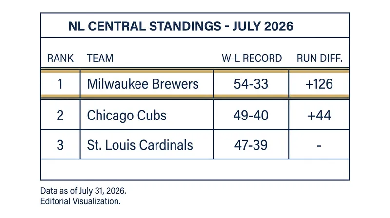 The Milwaukee Brewers hold a commanding lead, but the Cubs and Cardinals remain within striking distance.