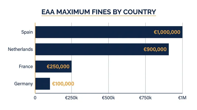 Enforcement is decentralized, with maximum financial penalties varying significantly across EU Member States.