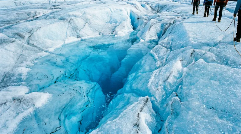 Pooling meltwater acts as a thermal drill, carving deep fissures that make sudden ice collapses highly unpredictable.