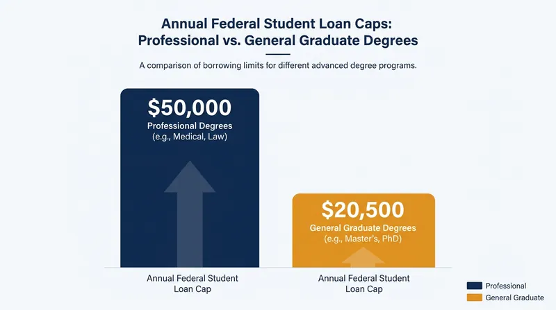 The statutory difference in federal borrowing limits between professional and general graduate degrees.