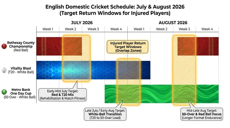 The overlapping multi-format schedule creates narrow windows for players to return to full match fitness.