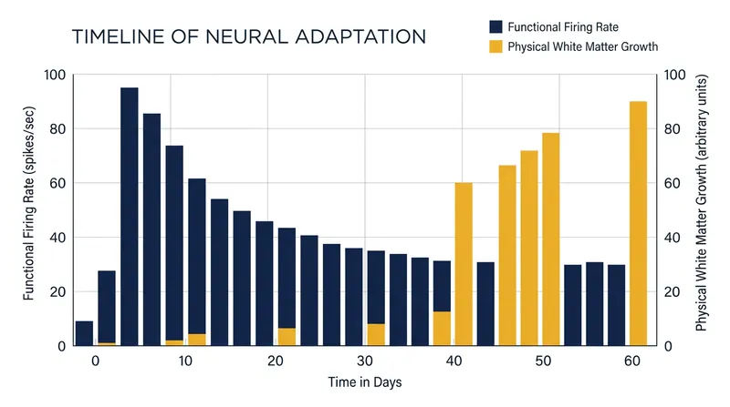 Data shows that functional activity precedes physical structural growth by several weeks.